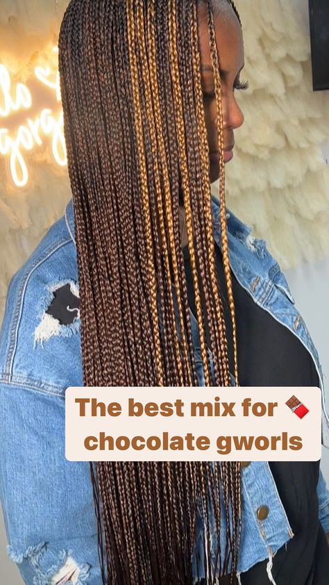 Box Braid Mixed Color, Braids 30 And 27, Tri Color Braids For Black Women, 2/27/30 Braids, Chocolate Braids Hair, Color 33 And 27 Box Braids, Mixed Colored Box Braids On Dark Skin, 33 Hair Color Box Braids, Color 4 And 30 Box Braids