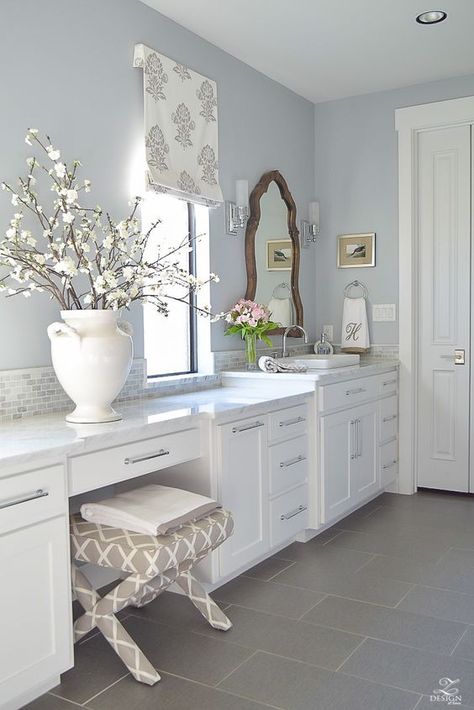 transitional white bathroom white cabinets carrara marble counter tops benjamin moore silver lake. #benjaminmooresilverlake Light Blue Grey Paint, Blue Gray Paint Colors, White Bathroom Cabinets, Blue Gray Paint, Beach Shells, Best Bathroom Vanities, Decor Baie, Gray Paint, Grey Paint Colors