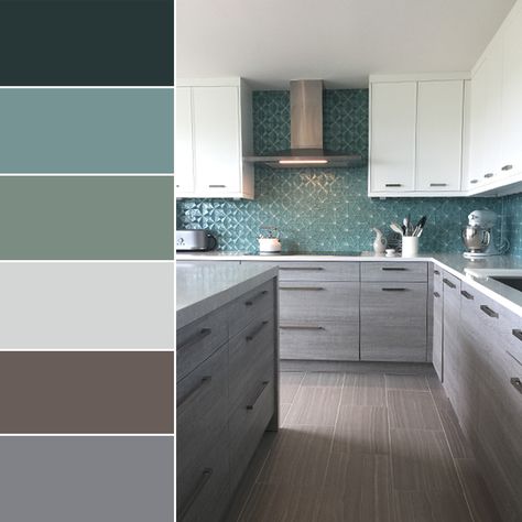 We are loving this green and grey tile color palette. The perfect colors for a calm kitchen. Visit Architectural Ceramics for more tile inspiration. Grey Kitchen Colors, Kitchen Color Palettes, Kitchen Colour Combination, Серая Кухня, Interior Dapur, Kabinet Dapur, Kitchen Wall Colors, Kitchen Colour Schemes, Interior Colour