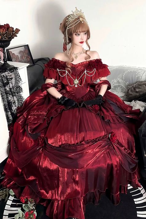 Elegant Dresses Victorian, Royalty Outfits Dresses, Royal Dresses Princesses, Princess Outfits Royal, Red Fantasy Dress, Red Victorian Dress, Red Princess Dress, Draw Dark, Victorian Era Dresses