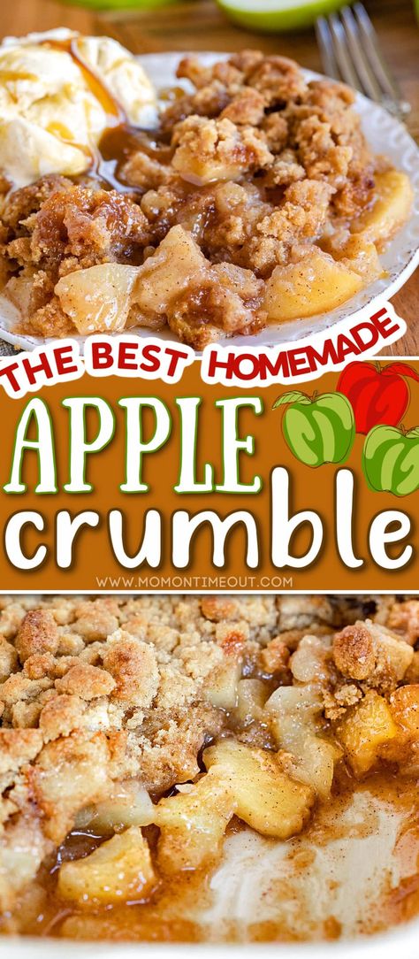 This easy homemade Apple Crumble recipe is our favorite dessert for apple season! With it's sweet, caramelized apple filling and crumbly topping, this simple comforting dessert is most definitely a crowd pleaser! Serve warm and bubbling from the oven with a scoop of vanilla ice cream for a memorable, easy dessert! // Mom On Timeout Recipe With Oats, Celebrating Sweets, Easy Apple Crisp Recipe, Apple Crumble Recipe, Apple Crisp Easy, Apple Crisp Recipe, Apple Recipes Easy, Crisp Apple, Apple Dessert Recipes