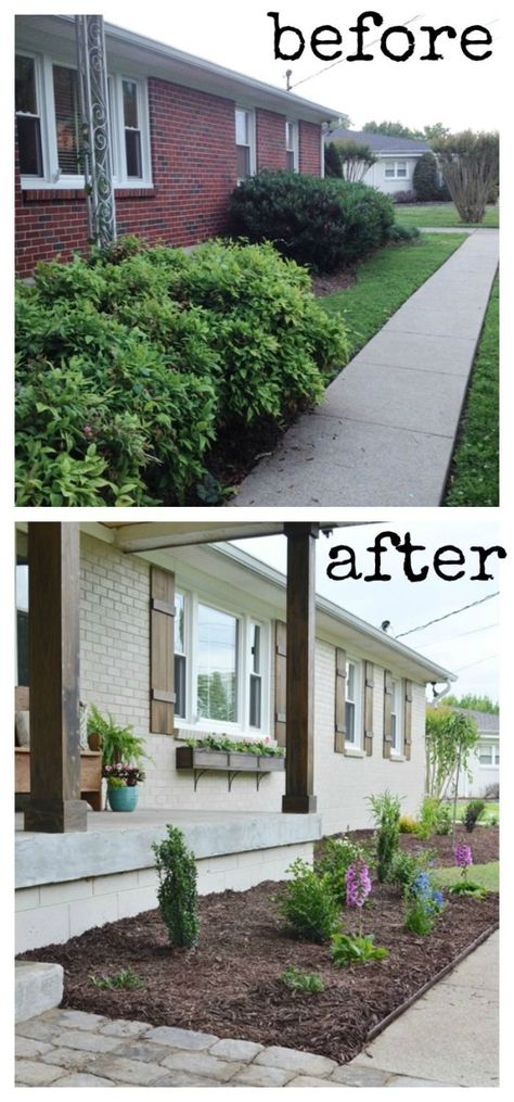 Exterior Makeover, Brick Ranch. Paint Color: Balanced beige SW7037. how to make shutters and window boxes by sonya Shutters Window, Brick Columns, Painted Brick House, Ranch Remodel, Painted Door, Brick Ranch, Home Exterior Makeover, Exterior Makeover, Casa Exterior