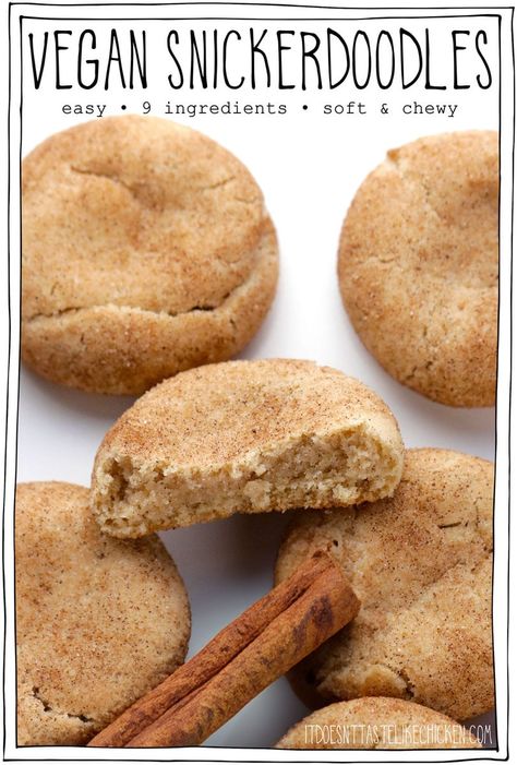 Easy Vegan Snickerdoodle Cookies—soft, pillowy clouds of cinnamon-sugar perfection. With just 9 simple ingredients, these snickerdoodles are a breeze to whip up and taste even better than the classic version. These cookies can also be made ahead and freeze well too, perfect for your holiday baking! #itdoesnttastelikechicken #veganbaking Oat Cookies Vegan, Easy Vegan Oatmeal Cookies, Vegan Ginger Snaps, Vegan Single Serve Cookie, Vegan Treats Easy, Easy Cookies Recipes, Vegan Snickerdoodle Cookies, Healthy Christmas Baking, Vegan Cookie Recipe