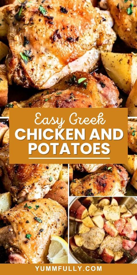 In this Mediterranean-inspired dish, red potatoes and bone-in chicken thighs are combined with a zesty marinade and then roasted to golden perfection. Golden Potato Recipes, Easy Greek Chicken, Greek Chicken And Potatoes, Lemon Rosemary Chicken, Crock Pot Potatoes, Roasted Chicken And Potatoes, Bone In Chicken, Roasted Red Potatoes, Greek Lemon Chicken