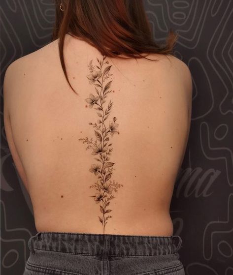 Wild Flower Spine Tattoo, Spine Flower Tattoo For Women, Plant Spine Tattoo, Long Spine Tattoo, Lily Spine Tattoo, Spine Tattoos Unique, Floral Spine Tattoos For Women, Wildflower Spine Tattoo, Simple Spine Tattoo