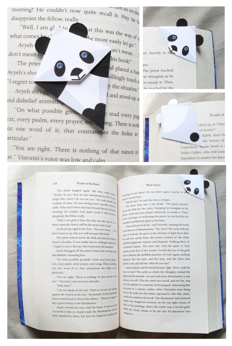 Marca páginas de esquina, panda   -   Panda corner bookmark Vika Papper, Penanda Buku, Tutorial Origami, Origami Bookmark, Folding Origami, Corner Bookmarks, Diy Bookmarks, Seni Origami, Panda Love