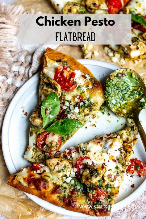 Chicken Pesto Flatbread Flat Bread Chicken Pesto Pizza, Pesto Pizza Chicken, Healthy Chicken Flatbread, Flatbread With Chicken, Flatbread Recipes Pesto, Grilled Chicken Flatbread, Pesto Chicken Pizza Recipe, Pesto Chicken Flatbread Pizza, Grilled Chicken Flatbread Recipes