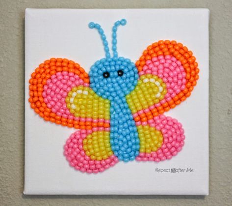 Canvas Pony Bead Art Pony Bead Butterfly, Diy Butterfly Decor, Diy Butterfly Decorations, Slumber Party Activities, Bead Butterfly, Repeat Crafter Me, Kindergarten Art Projects, Pony Bead Crafts, Bead Diy