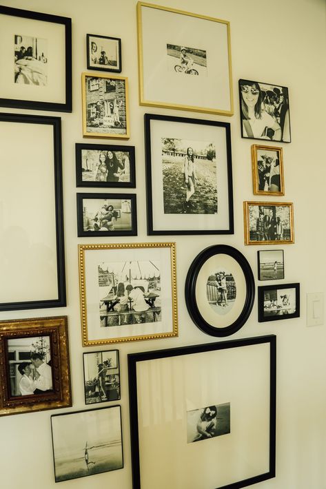 Family Galerie Wall, Photos On Corner Wall, Family Photo Wall Mixed Frames, Kitchen Gallery Wall Modern, Unique Gallery Wall Family Photos, Industrial Photo Wall, Floor To Ceiling Photo Gallery Wall, Cluster Pictures On Wall, Personal Photo Gallery Wall