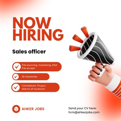 Urgently hiring now:  *JOB*:sales officer (File sourcing, marketing,DSA File accept) *Terms and conditions*: minimum business required, after 3 months TA will will released based on performance *NO OF VACANCIES*:25 *LOCATION*: Coimbatore, Tirupur district all locations (Udumalai, Pollachi, palladam, Tirupur,avinashi,mettupalayam,sathy,annur) Call: +91 9677897205 Send resume: ahkerhr@gmail.com https://www.ahkerjobs.com/job/sales-officer-3/ Amazon Jobs From Home, Sales Executive, Amazon Jobs, Jobs From Home, Online Resume, Find Amazon, Higher Income, Hiring Now, After 3