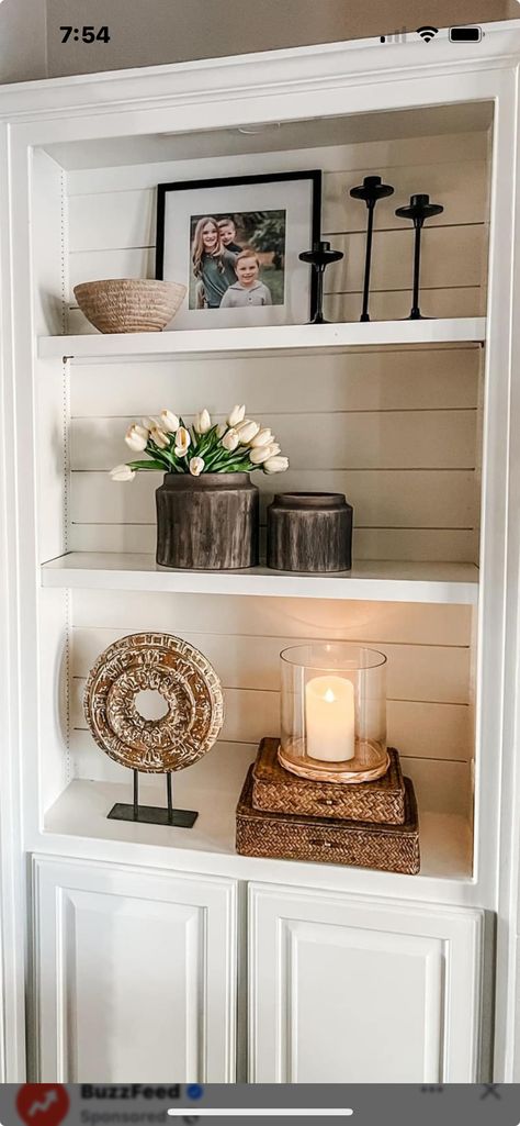 Mantle Decor With Built Ins, Cabinet Decor Top Of Living Room, White Book Shelves Living Room, Decor For Bookshelves Built Ins, Decorating Fireplace Bookshelves, Home Decor Ideas Bookshelves, Top Of File Cabinet Decor, Bookshelf Decor With Photos, Decorating A Cabinet In Living Room