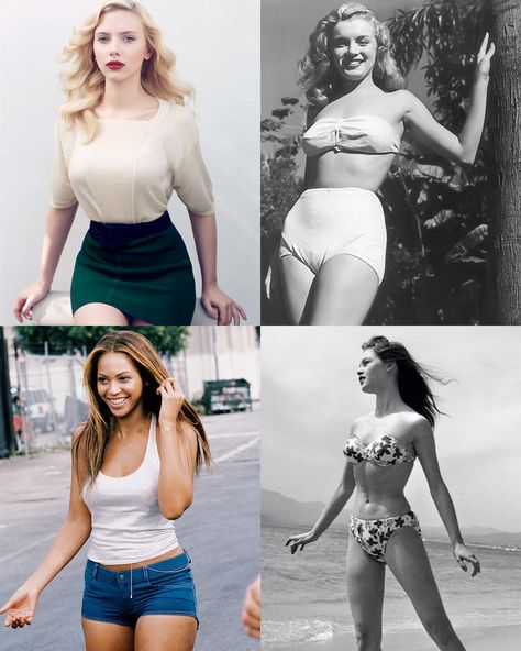 wide-hips-small-waist-scarlett-johansson-marilyn-monroe-beyonce-brigitte-bardot Hip Dip Outfit Ideas, Broad Shoulders Narrow Hips, Wide Hips Outfit, Big Hips Outfit, Get Bigger Hips, Small Waist Big Hips, Bigger Hips, Bigger Hips Workout, Narrow Hips