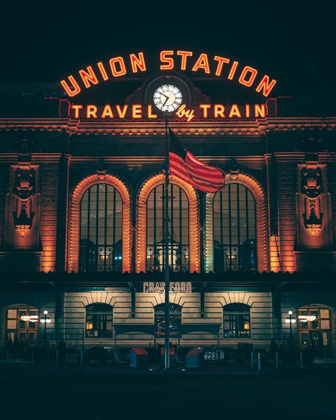 Union Station vintage neon sign at night, Denver, Colorado Denver Union Station, Union Station Denver, Rail Transport, Vintage Neon Signs, Vintage Neon, White Car, Union Station, Posters Framed, Denver Colorado