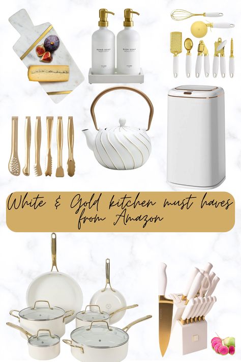 White And Gold Home Aesthetic, White Gold Kitchen Appliances, White And Gold Kitchen Decor Ideas, All White Kitchen Decor, Gold Kitchen Aesthetic, White And Gold, White And Gold Kitchen Decor, White And Gold Kitchen Ideas, Must Have From Amazon