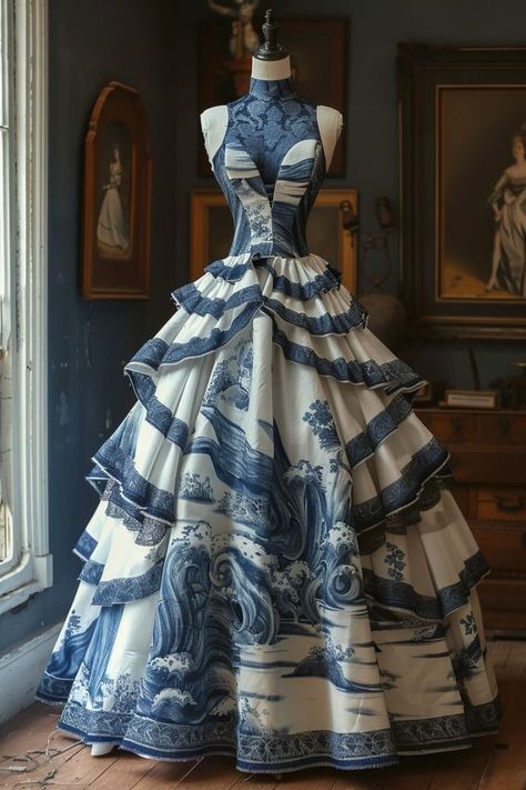 Pirate Gown, Gaming Painting, Blue Flower Dress, Dreamy Gowns, Fantasy Dresses, Fashion Drawing Dresses, Fantasy Gowns, Pretty Prom Dresses, Fantasy Dress