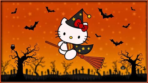 #hellokitty #halloween #cute #kawaii #spooky #october #pinterest Fall Hello Kitty Wallpaper Laptop, Halloween Hello Kitty Wallpaper Laptop, Hello Kitty Halloween Aesthetic, Fall App Icons, Hello Kitty Halloween Wallpaper, Taekwondo Wallpaper, Halloween Desktop Wallpaper, App Icons For Iphone, Icons For Iphone