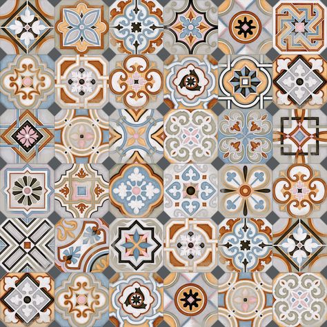 Floor tiles range Vodevil in 20X20cm size, is a porcelain tile with encaustic cement tiles like finish. Bohemian Tiles, Bathroom Redecorating, Tile Artwork, Patterned Tiles, Tile Design Pattern, Interior Tiles, Art Chinois, Encaustic Cement Tile, Tiles Texture