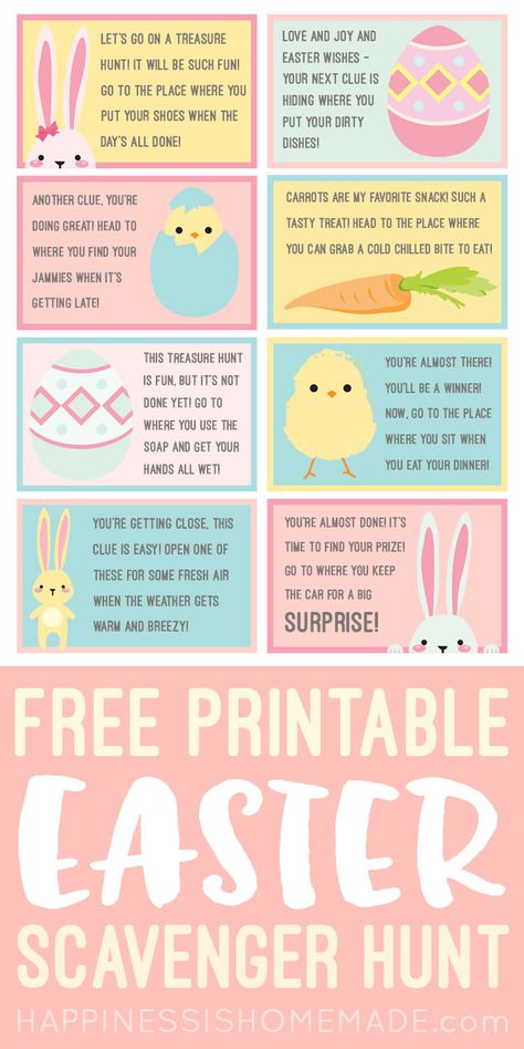 These free printable Easter Scavenger Hunt clues are SO much fun! Let the Easter Bunny lead your children on a super fun treasure hunt for their baskets using these cute scavenger hunt cards! Easter Scavenger Hunt Clues, Easter Treasure Hunt, Easter Scavenger Hunt, Crafts Printable, Scavenger Hunt Clues, Easter Hunt, Easter Games, Easter Printables Free, Scavenger Hunt For Kids