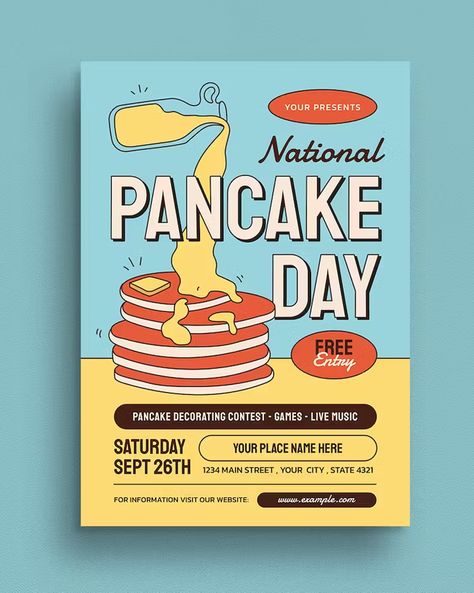 Blue Retro Modern Pancake Day Event Flyer Template AI, PSD Pancake Poster Design, Pancake Poster, Pancake Designs, Barbeque Party, Food Truck Festival, Pancake Day, Event Flyer Templates, Event Flyer, Festival Posters