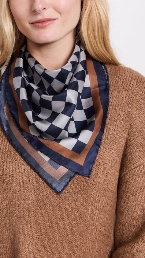 10 Ways to Wear Silk Scarves Square Scarf How To Wear A, Square Scarf Outfit, Outfits With Scarves, Silk Scarf Outfit, Tory Burch Scarf, Scarf Wearing Styles, Small Silk Scarf, 10 Ways To Wear, Neck Scarf Tying