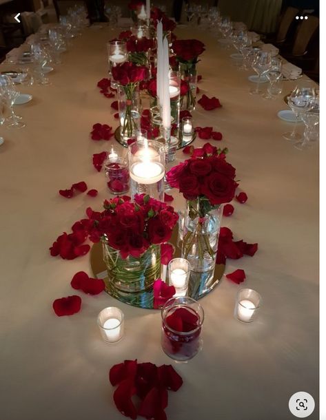 Chandelier Table Centerpiece, Wedding Valentines Day, Table Design For Birthday, Red Dinner Party Decor, Valentines Themed Engagement Party, Ruby Red Wedding Theme, Centerpieces With Mirrors, Red And White Wedding Centerpieces, Red And White Birthday Party Decorations