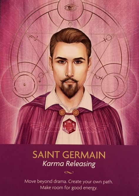 Daily Angel Oracle Card: Saint Germain, from the Keepers Of The Light Oracle Card deck, by Kyle Gray, artwork by Lily Moses Saint Germain: “Karma Releasing” “Move beyond drama. Cr… Keepers Of The Light Oracle Cards, Kyle Gray, Free Tarot Cards, Angel Oracle Cards, Angel Guide, Oracle Card Reading, Ascended Masters, Doreen Virtue, Cards Deck