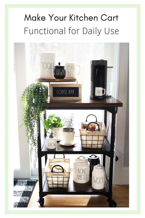 Kitchen carts shouldn't be just for holding glasses and wine. We use our cart for daily use. The top is a coffee bar, I also keep my herbs and other veggies on the cart. I use bins, containers and baskets to hold the items and at the same time decorate it with a farmstyle look. #RaeDunn #Farmhouse #WireBaskets #Organizing #Kitchen #HomeOrganization Coffee Bar Cart, Kitchen Carts, Organizing Kitchen, Coin Café, Home Coffee Stations, Home Coffee Bar, Coffee Bar Home, Functional Kitchen, Cheap Decor