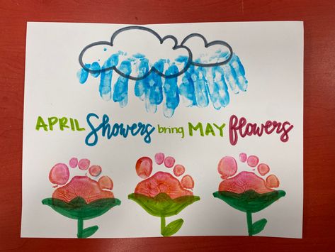 April Crafts For Infants Art Projects, Spring Crafts For Infants Baby, April Showers Handprint Art, April Showers Footprint Art, Spring Time Art For Toddlers, Rain Crafts For Infants, Garden Footprint Art, Spring Art For Babies, Flower Activities For Infants