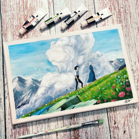 Guache Paintings Ghibli, Howls Moving Castle Watercolor Painting, Guache Painting Studio Ghibli, Anime Scenes To Paint, Studio Gibhili Paintings, Painting Ghibli Scenes, Watercolor Art Studio Ghibli, Gouche Painting Ideas Studio Ghibli, Gibili Studios Drawing