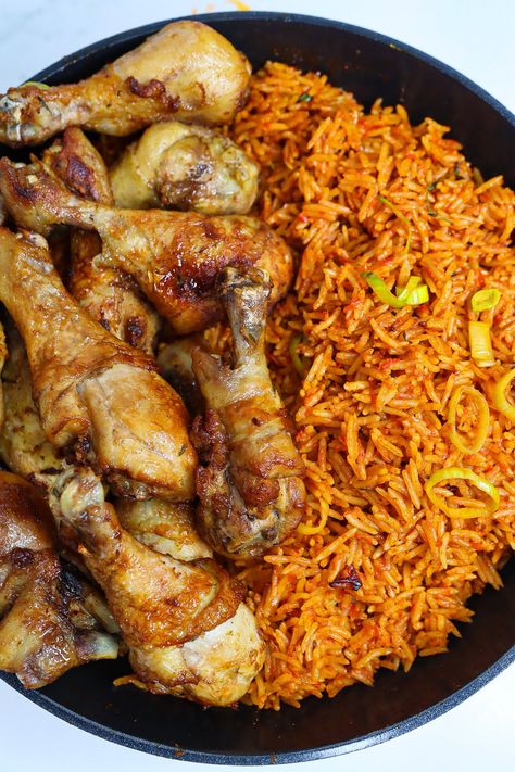 Nigerian Jollof Rice and Chicken Chicken Jollof Rice, Quinoa Jollof, Jollof Rice And Chicken, Jollof Rice Nigerian, Naija Food, Baked Lamb Chops, Nigerian Jollof Rice, Jerk Chicken And Rice, Whole Fish Recipes