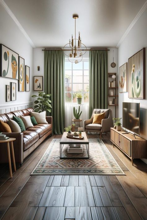 Green Living Room Color Scheme Curtains, Sage Green Living Room Brown Sofa, Curtains With Brown Couch, Light Green And Brown Living Room, Brown Couch Green Accents, Living Room Olive Green Accents, Sage Green Cream And Brown Living Room, Green And Oak Living Room, Brown And Green Home Decor