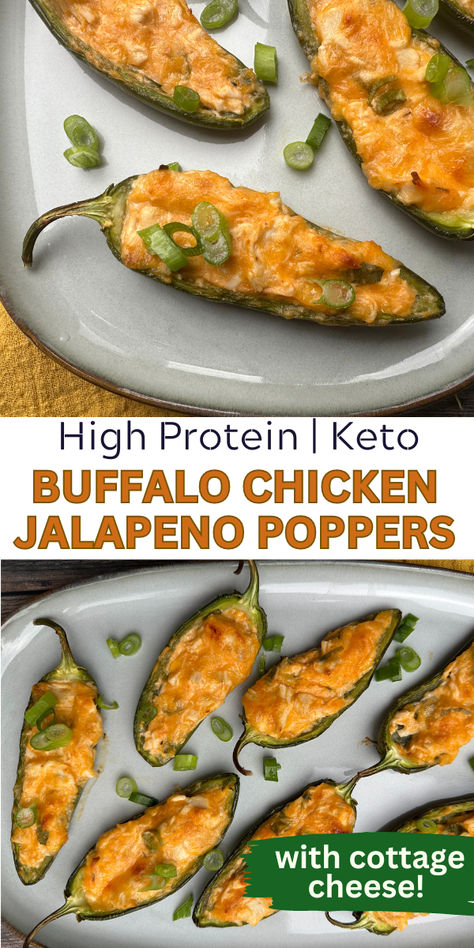 Images of several buffalo chicken jalapeno poppers topped with chopped green onions. Chicken Jalapeno Poppers, High Protein Buffalo Chicken, Chicken Jalapeno, Popular Appetizers, Jalapeno Chicken, Appetizers For A Crowd, Low Carb Appetizers, Savory Appetizer, Low Carbs