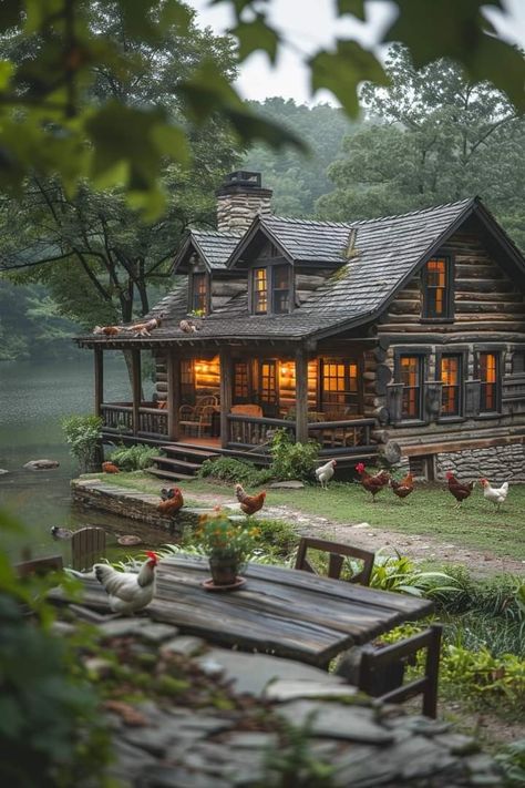 Mountain Small Cabin, Log Cabin Landscape, Houses In The Mountains, Cabin Village, Cottage In The Mountains, Hermes Cabin, Lakefront Cabin, Cabin Houses, Cosy Cabin