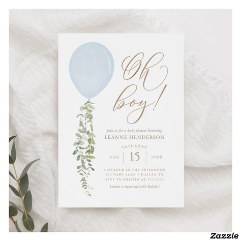 Its A Boy Balloons, Boy Baby Shower Ideas, Gender Neutral Baby Shower Invitations, Baby Balloon, Blue Balloon, Baby Shower Invitaciones, Printable Invitation Templates, Elegant Watercolor, Eucalyptus Greenery