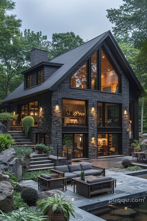 Black Brick House: Timeless Elegance for Your Home - Puqqu Black Siding Exterior With Wood, Glass Mountain House, Lakefront Homes Plans, Outside Of House Ideas, Dark Stone Exterior Houses, Black And Wood House, Brick And Wood House, Black Stone House, Brick Exterior Design