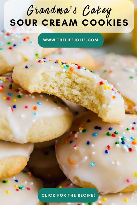 Experience nostalgia with Grandma's Sour Cream Cookies! Click for the cherished recipe, where the sour cream makes the most perfectly cakey cookie with a hint of lemon glaze. Dive into the joy of baking—click now for a taste of homemade cookie magic! Grandmas Sour Cream Cookies, Sour Cream Drop Sugar Cookies, Sugar Cookies Cream Of Tartar, Sour Cream Cookies Soft, Soured Cream Recipe, Sour Cream Sugar Cookies Soft, Soft Sour Cream Sugar Cookie Recipe, Desserts Using Sour Cream, Easy Recipes With Sour Cream