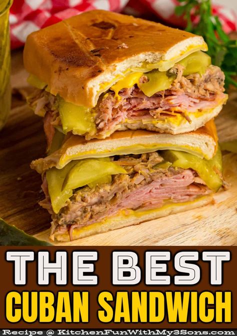 This classic Cuban Sandwich recipe features ham, Swiss cheese, pulled pork, mustard, and pickles on a loaf of Cuban bread, cooked in a panini press until golden on the outside with gooey melted cheese inside. Serve with chips or coleslaw for an easy lunch or dinner! #sandwichrecipes #hotsandwiches #easylunchideas