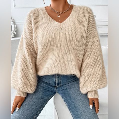 Shein Brand New Ribbed Knit Sweater. Smoke And Pet Free. Fits Like An Xl Cute Knited Sweaters, Baggy Jeans And Knitted Sweater, Women Sweaters Winter Cardigans, Fall Cute Sweaters, Cute Outfits For The Winter, Cute Clothes For Fall, Fall Assesories, White Waffle Knit Sweater, Women’s Sweaters