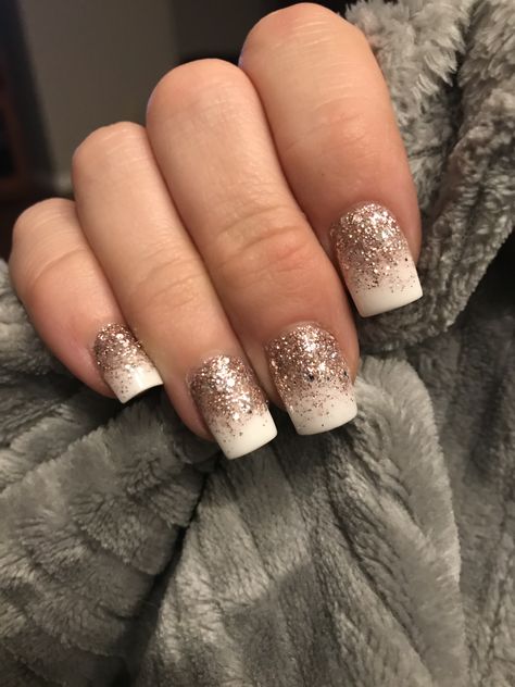 White and Rose Gold Glitter Nails White And Rose Gold Ombre Nails, White Nails With Rose Gold, Gold To White Ombre Nails, French Manicure With Rose Gold Glitter, Glitter Nails With White Tips, Short Acrylic Nails Designs Glitter, Rose Gold White Nails, Homecoming Nails Gold, White Nails With Gold Sparkles