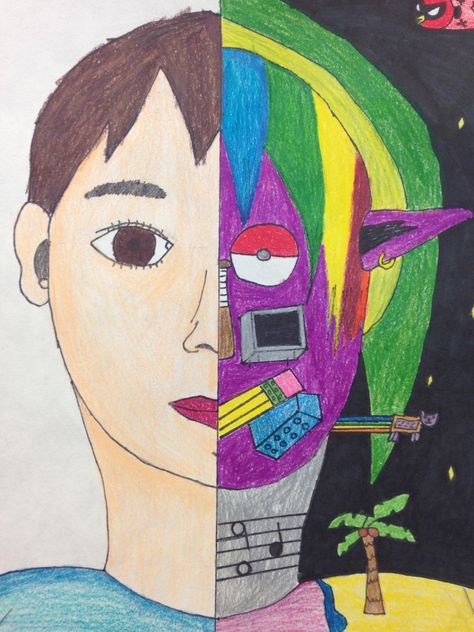 Split face self portrait Split Self Portrait, Split Portrait Drawing, Split Face Portrait, Split Face Self Portrait, Self Portrait Drawing, Self Portrait Art, 7th Grade Art, 8th Grade Art, 5th Grade Art