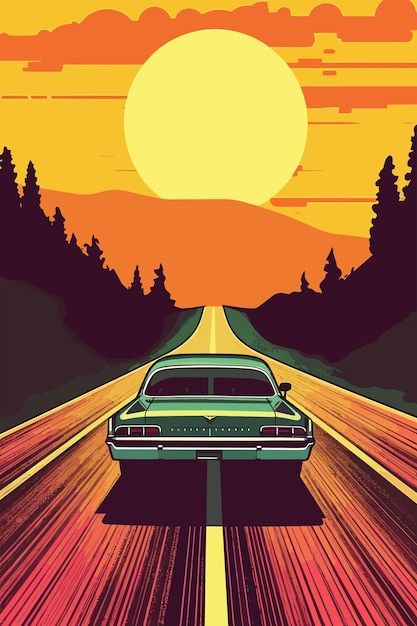 View From Inside Car, Road Trip Art Illustration, Classic Cars Illustration, Car Painting Ideas On Canvas, Road Painting Ideas, Cute Car Illustration, Car Painting Easy, Car Painting Canvas, Car Mural