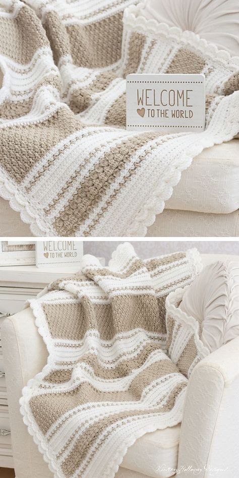 A crochet baby blanket on a couch. Modern Haken, Striped Crochet Blanket, Baby Afghan Crochet Patterns, Crochet Baby Blanket Pattern, Crochet Baby Blanket Free Pattern, Crochet Blanket Pattern Easy, Gilet Crochet, Blanket Ideas, Easy Crochet Blanket