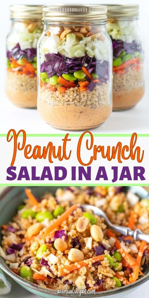 Make healthy, protein packed, super tasty Peanut Crunch Salad in a Jar complete with its own dressing, and you'll have grab-and-go lunches all ready in the fridge for the entire week! Peanut Crunch Salad, Mason Jar Meal Prep, Peanut Crunch, Salad Jar Recipe, Crunch Salad, Mason Jar Salad Recipes, High Protein Vegan Recipes, Vegetarian Meal Prep, Tasty Lunch