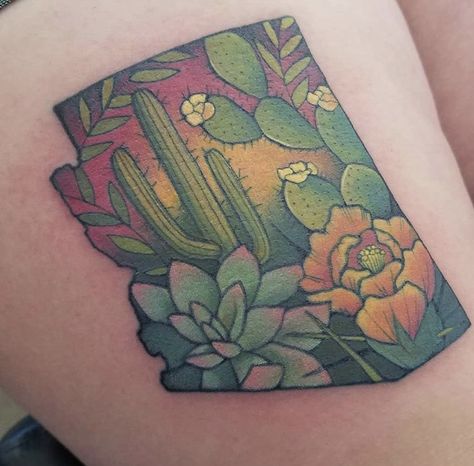 Desert Scene Tattoo Sleeve, Arizona State Tattoo Ideas, Saguaro Cactus Flower Tattoo, Desert Tattoo Ideas Arizona, Arizona Themed Tattoos, Arizona State Tattoo, Arizona Flag Tattoo, Arizona Tattoo For Women, 2023 Tatoos