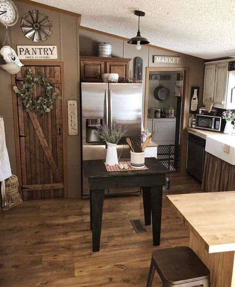 Mobile Home Redo, Mobile Home Kitchen, Mobile Home Makeovers, Mobile Home Renovations, Manufactured Home Remodel, Farmhouse Pantry, Primitive Home Decor, Mobile Home Decorating, Cheap Ideas