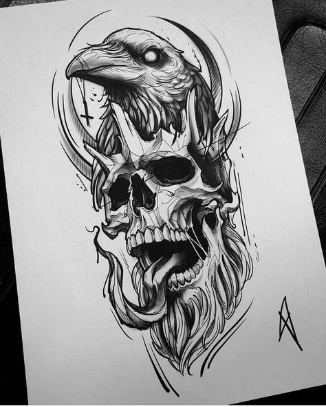 Tato Irezumi, Tattoo Crane, 천사와 악마, Kunst Tattoos, Tato Lengan, Crow Tattoo, Skull Art Drawing, Norse Tattoo, Skulls Drawing