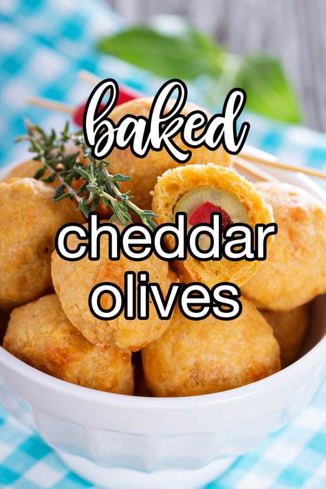 Baked Cheddar Olives - A classic retro-style party food. Stuffed olives are wrapped in a cheesy dough and baked until golden brown. Make extra as these go fast at parties! | CDKitchen.com Olive Stuffed Cheese Balls, Olive Cheese Puffs, Stuffed Olives Party Appetizers, Baked Olives Appetizer, Breaded Olives, Olive Cheese Balls, Cheese Appetizers Finger Foods, Appetizer Wraps, Cheese Puffs Recipe