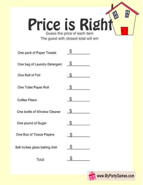 Price is Right, Free Printable Housewarming Game Price Is Right Housewarming Game, Price Is Right Party Game, House Warming Party Game Ideas, Christmas Price Is Right Game, Housewarming Game Ideas, The Price Is Right Game Ideas, Price Is Right Games Diy, House Warming Games, Family Game Night Party