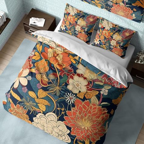 View Japanese Duvet Cover Set by BeddingDesigner on Etsy Masters Bedroom, Halloween Bedding, European Beds, Colorful Duvet Covers, Bedroom Blanket, Mexico House, Pattern Duvet Cover, Flower Quilt, California King Bedding