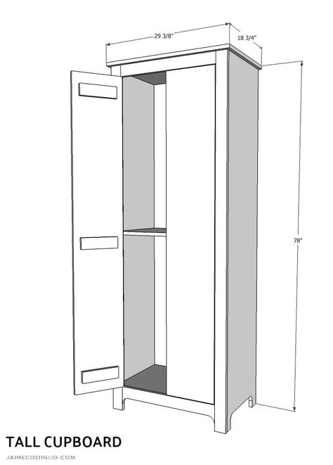 A DIY tutorial to build a tall cupboard with tons of concealed storage. An easy to build cabinet with moveable shelves and doors. #freeplans #storage Diy Tall Cabinet, Tall Closet, Tall Cupboard, Room Storage Diy, Cabinet Plans, Stock Cabinets, Concealed Storage, Furniture Dimensions, Plywood Cabinets